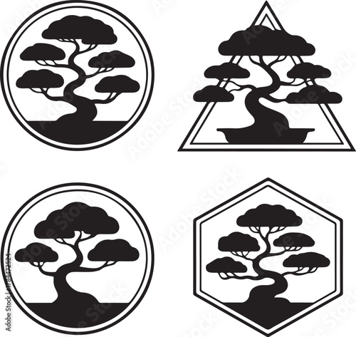 Collection of Abstract Bonsai Tree Silhouettes Inside Geometric Frames