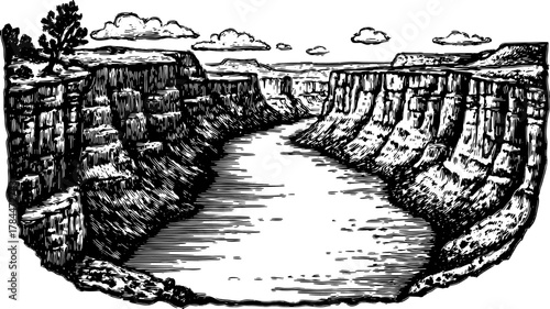 Engravings of a landscape featuring cliffs and a river. Detailed black-and-white vector illustration capturing natural scenery in a classic style.