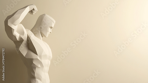 Fototapeta Naklejka Na Ścianę i Meble -  A polygonal figure of a muscular man poses against a neutral backdrop. The minimalist design emphasizes form and strength in a contemporary style. Geometric abstraction.