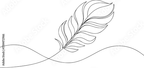 Single line drawing of a feather on wavy lines continuous line