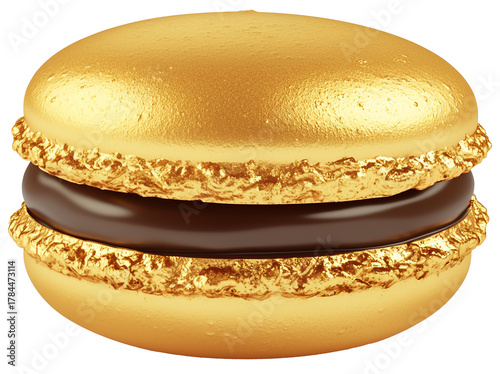 Macaron 3d rendering PNG. Cartoon minimal illustration style gold macaron on transparent isolated background.