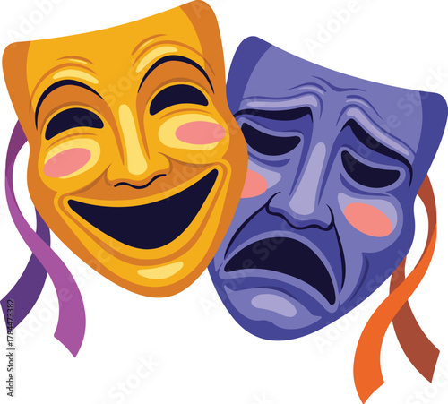Golden comedy mask and purple tragedy mask vector for theater performance and dramatic arts