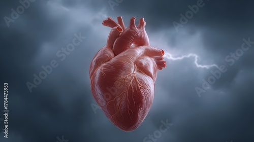 A human heart floats against a dramatic dark stormy sky with lightning