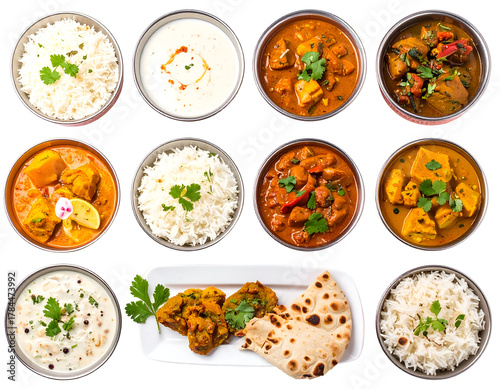 A diverse assortment of Indian dishes including curries, rice, and bread arranged on a platter for a flavorful meal
