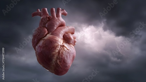 A human heart floats dramatically against a dark stormy sky illuminated by lightning strikes