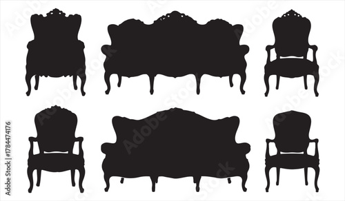 Classic luxury seating silhouettes featuring retro sofas and chairs for stylish interior art