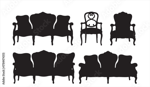 Elegant vintage furniture silhouettes of classic sofas and chairs for interior design and antique themes