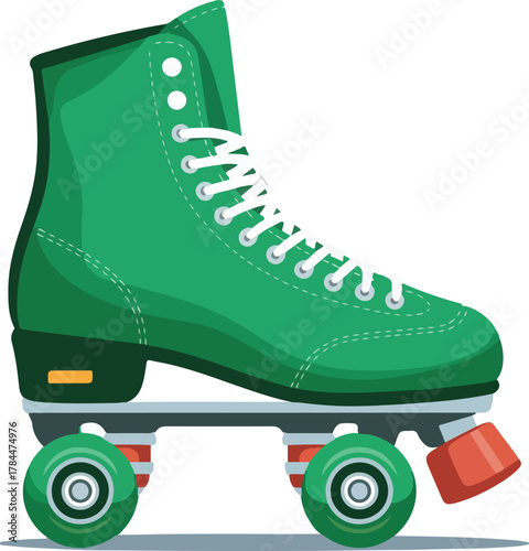 Green roller skate vector illustration with white laces and red wheels for recreational activities and retro themes