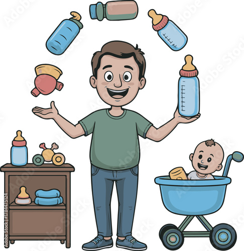 Cheerful dad juggling with baby bottles and stroller concept design art
