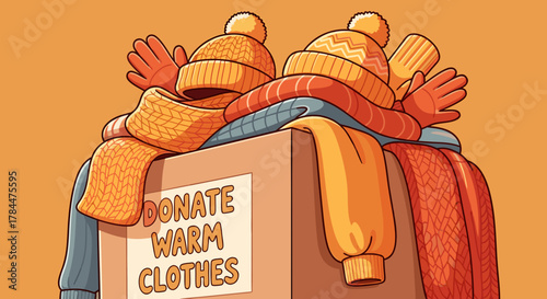 Donate warm clothes in support of refugees, donate warm clothes for communities in need, donated winter garments in box. Support donate warm clothes providing aid to those in need.