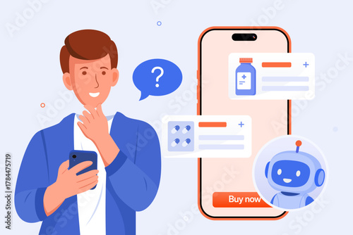 Thoughtful male customer using a smartphone for online pharmacy purchases, assisted by an AI chatbot, with medication options and a "Buy now" button. E-pharmacy illustration concept.