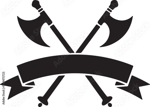 Two crossed axes with ribbon banner, timber industry logo design