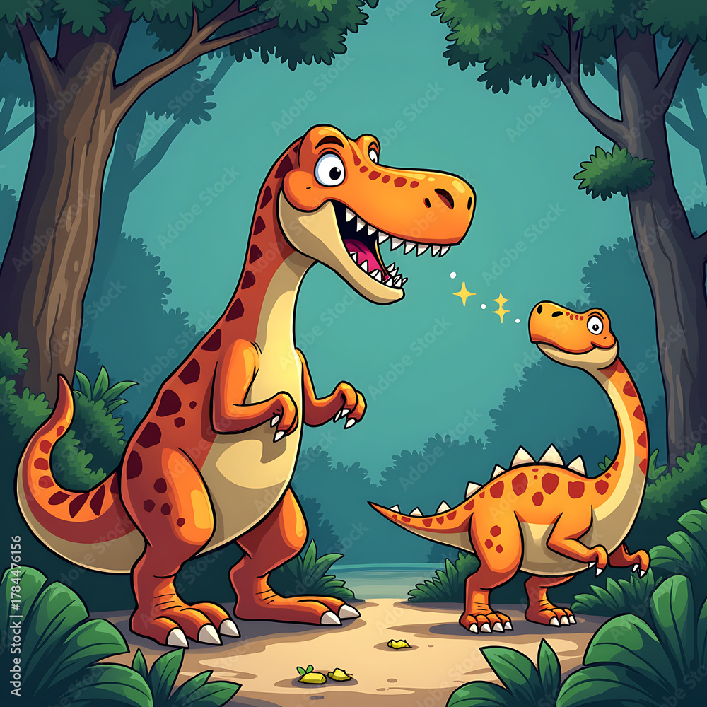 Naklejka premium Large and small orange cartoon dinosaurs in forest environment during daytime
