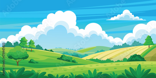 Cartoon landscape background with green fields and blue sky vector illustration template art
