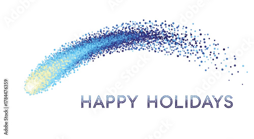 A vibrant blue and yellow abstract comet trails across a white background with the words happy holidays written in a dotted font