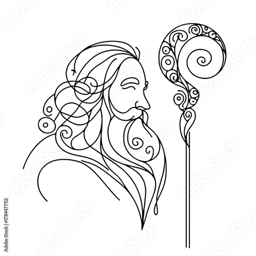 Father Frost – Беларусь / Украина – Outline Minimal Vector, Staff with Snowflake Pattern