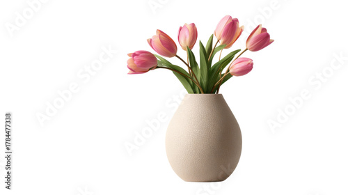 Elegant beige vase with beautiful pink tulip flowers in bloom symbolizing love, freshness, and home decor beauty on white background
