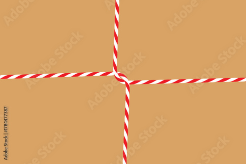 Christmas festive background with kraft wrapping paper wrapped criss-cross with striped baker’s twine. Gift with string cord, rope. Hand drawn flat banner. Vector Eps10