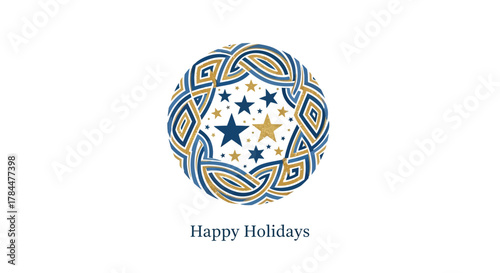 Elegant circular celtic knot design with stars and happy holidays text in deep blue and gold colors