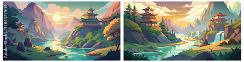 Beautiful asian landscape with pagoda temple background vector art illustration design style
