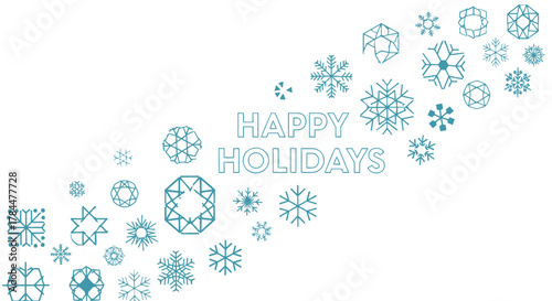 Festive happy holidays greeting with a scattered pattern of geometric snowflakes in teal blue on a white background