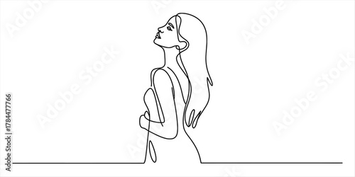Continuous line art drawing of a woman looking upwards with serene expression, minimalist silhouette on a clean white background, stylish art