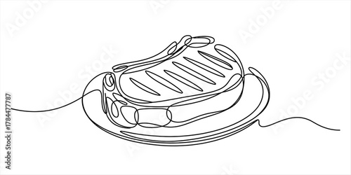 Continuous line art drawing of a grilled steak on a plate, showcasing a minimalist and artistic interpretation of a culinary dish design.