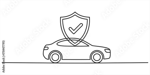 Car protection line art illustration with a shield and checkmark symbol above the vehicle, representing auto insurance, safety, and reliability.