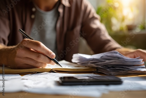 Man writing in a notebook, managing finances, calculating bills, and planning personal budget with paperwork on a desk