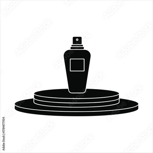 Elegant black silhouette of a perfume bottle on a stylish display stand vector icon.