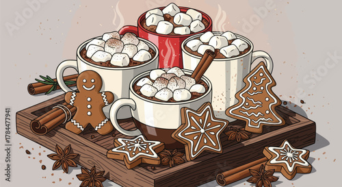 Cozy winter warmth with hot chocolate mugs topped with marshmallows and festive gingerbread cookies creating a joyful holiday atmosphere