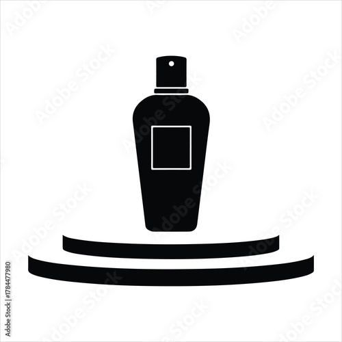 Stylish black silhouette perfume spray bottle icon on round display stand vector
