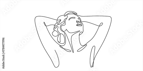 Minimalist continuous line art of a woman with hands behind her head, looking up in relaxation, simple elegant drawing for wellness concepts and beauty