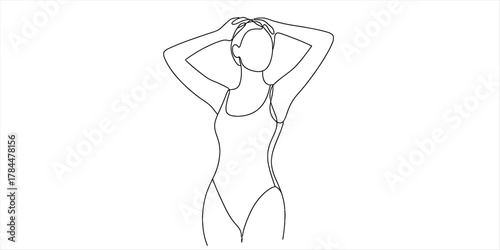 Outline drawing of a woman in a sleek one-piece swimsuit, standing with hands behind her head, symbolizing relaxation, self-care, and freedom.