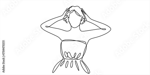 Continuous line drawing of a woman with hands on head, expressing stress, thought, or frustration in a modern, minimalist art style.