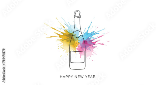 Celebratory champagne bottle with colorful watercolor splashes and happy new year text against a white background