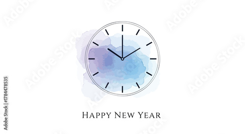 Minimalist clock face with blue and purple watercolor splash and happy new year text