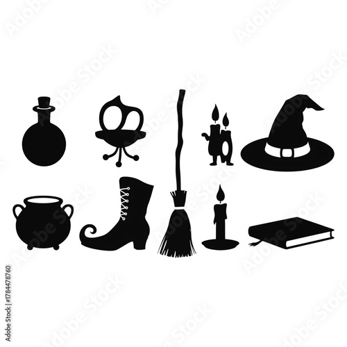 Black silhouette collection of witchy objects including cauldron potion bottle broom hat boot candles and book