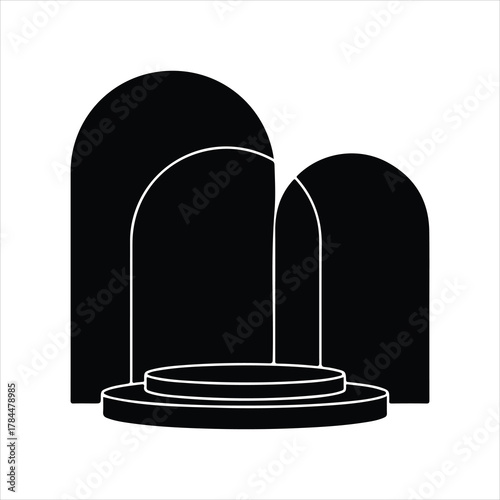 Abstract black geometric arches and circular podium display vector illustration