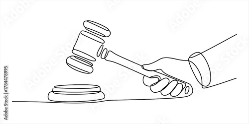 Continuous line drawing of a hand holding a judge's gavel striking the sound block, symbolizing justice, law, and final decisions