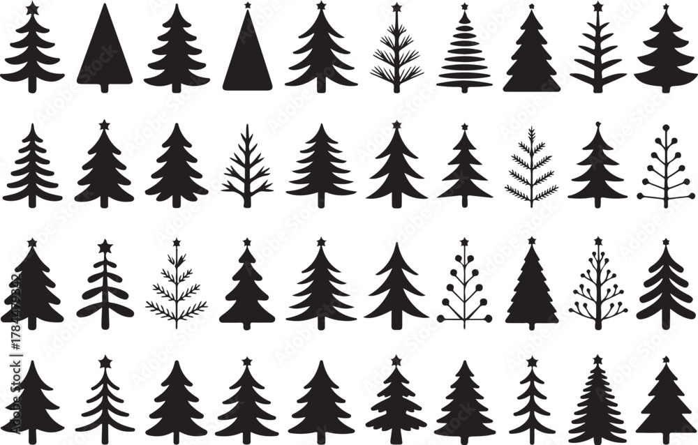 Fototapeta premium Black Christmas Icon Set, Holiday Vector Elements, Festive Silhouette Design