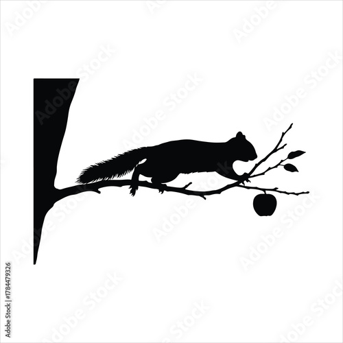 Squirrel silhouette reaching for an apple on a tree branch, nature graphic vector