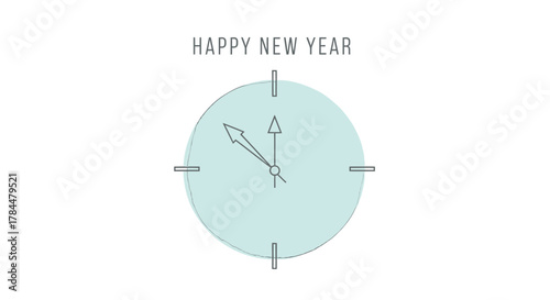 Happy new year greeting with a minimalist clock face showing the final moments before midnight countdown