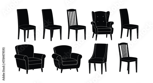 Various silhouettes of chairs and armchairs in a simple black and white style