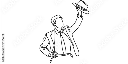 Continuous line drawing of a businessman in a suit tipping his hat, representing greeting, farewell, respect, or classic gesture