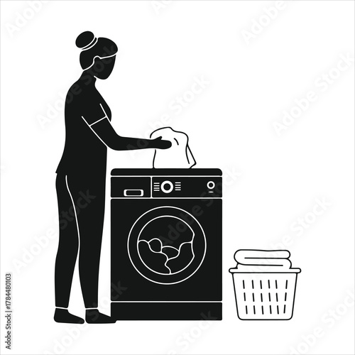 Woman placing laundry in washing machine, basket next to appliance, vector.