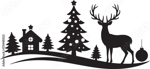 Christmas Silhouette Scene with Deer, Trees, Gifts and Ornament Holiday Design