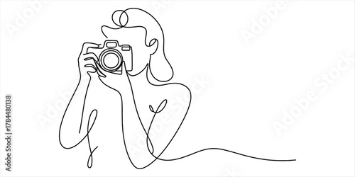 Continuous line drawing of a person holding a camera, capturing a photograph. minimalist illustration symbolizing photography, creative vision and art.