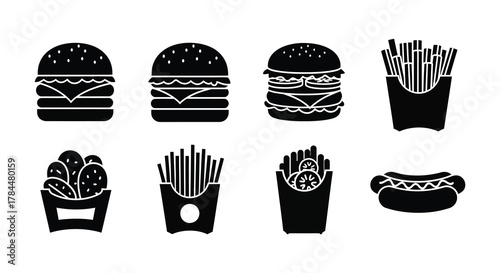 Black and white icons depicting various fast food and dessert items