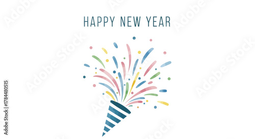 Happy new year greeting with a colorful watercolor party popper exploding with confetti and streamers on a white background